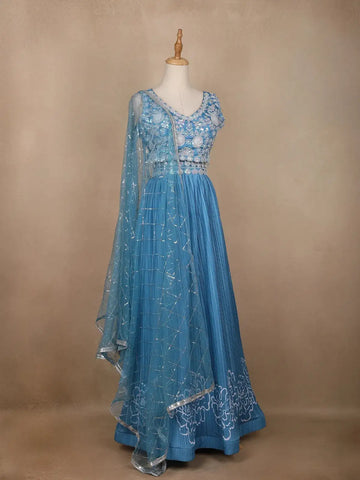 Blue Floral Embroidered Crepe Bridesmaids Lehenga - Diadem