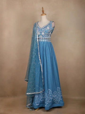 Blue Floral Embroidered Crepe Bridesmaids Lehenga - Diadem