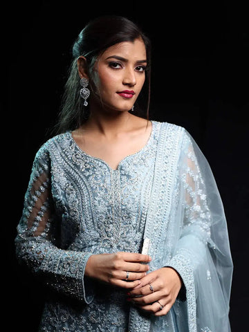 Blue Floral Embroidered Sharara Salwar Suit Online - Diadem