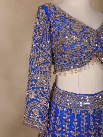 Blue Floral Embroidery Bridal Net Lehenga - Diadem