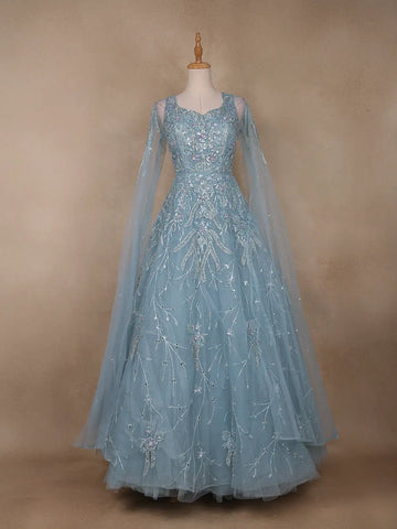 Blue Floral Embroidery Net Bridal Gown - Diadem