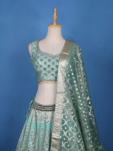 Blue Floral Mirror Designed Banarasi Silk Lehenga for Bridesmaid - Diadem