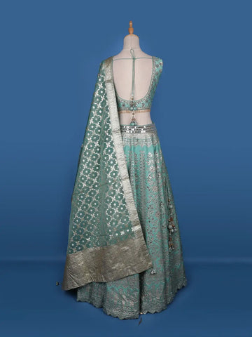 Blue Floral Mirror Designed Banarasi Silk Lehenga for Bridesmaid - Diadem
