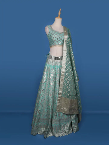 Blue Floral Mirror Designed Banarasi Silk Lehenga for Bridesmaid - Diadem