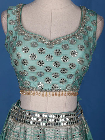 Blue Floral Mirror Designed Banarasi Silk Lehenga for Bridesmaid - Diadem