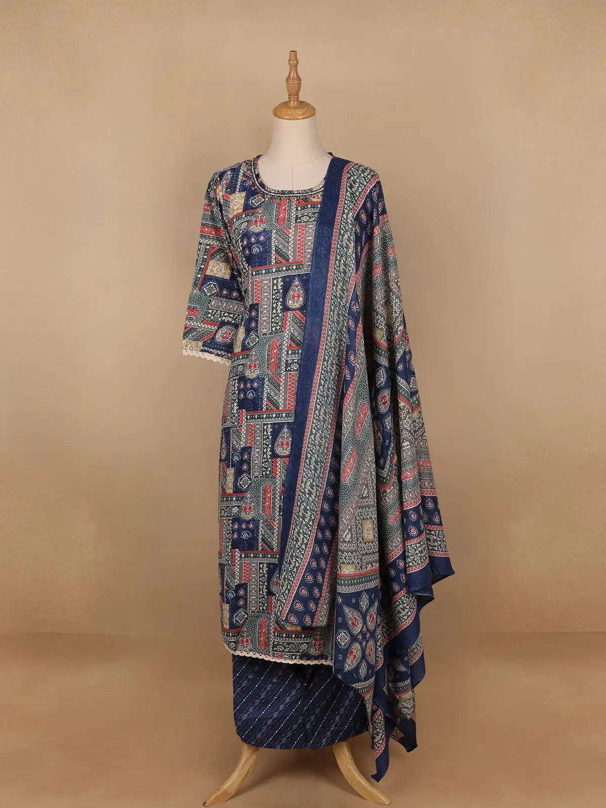Blue Floral Printed Cotton Salwar Suit - Diadem