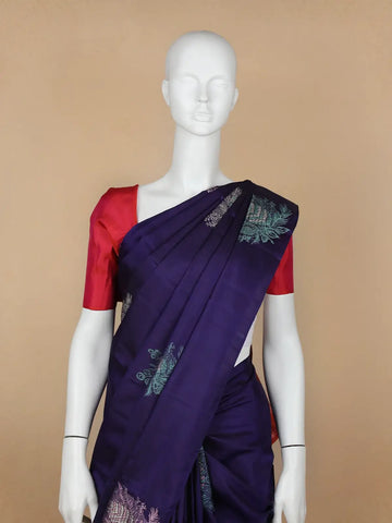 Blue Floral Woven Pure Kanchipuram Silk Saree - Diadem