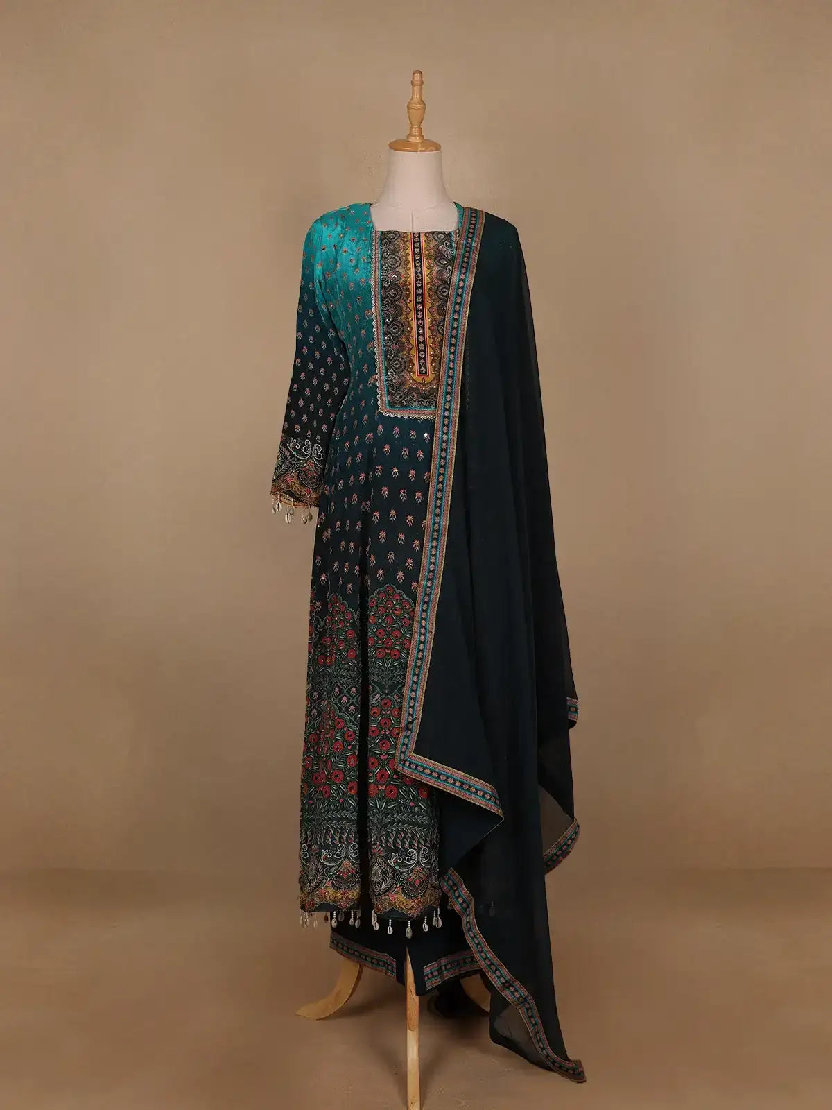 Blue Ombre and Floral Designed Semi Silk Salwar Suit - Diadem