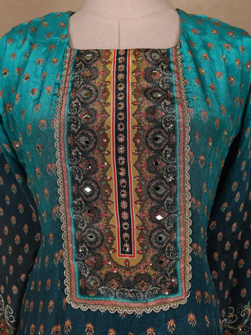 Blue Ombre and Floral Designed Semi Silk Salwar Suit - Diadem