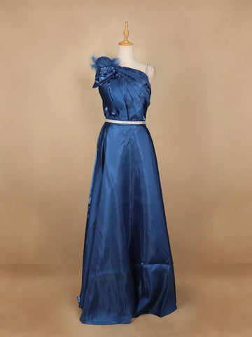 Blue Pleated Design Satin Bridesmaids Gown - Diadem