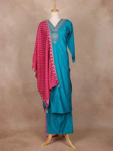 Blue Raw Silk Salwar Suit with Mirror Embroidery - Diadem