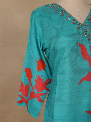 Blue Sequins Design Printed Cotton Kurti - Diadem