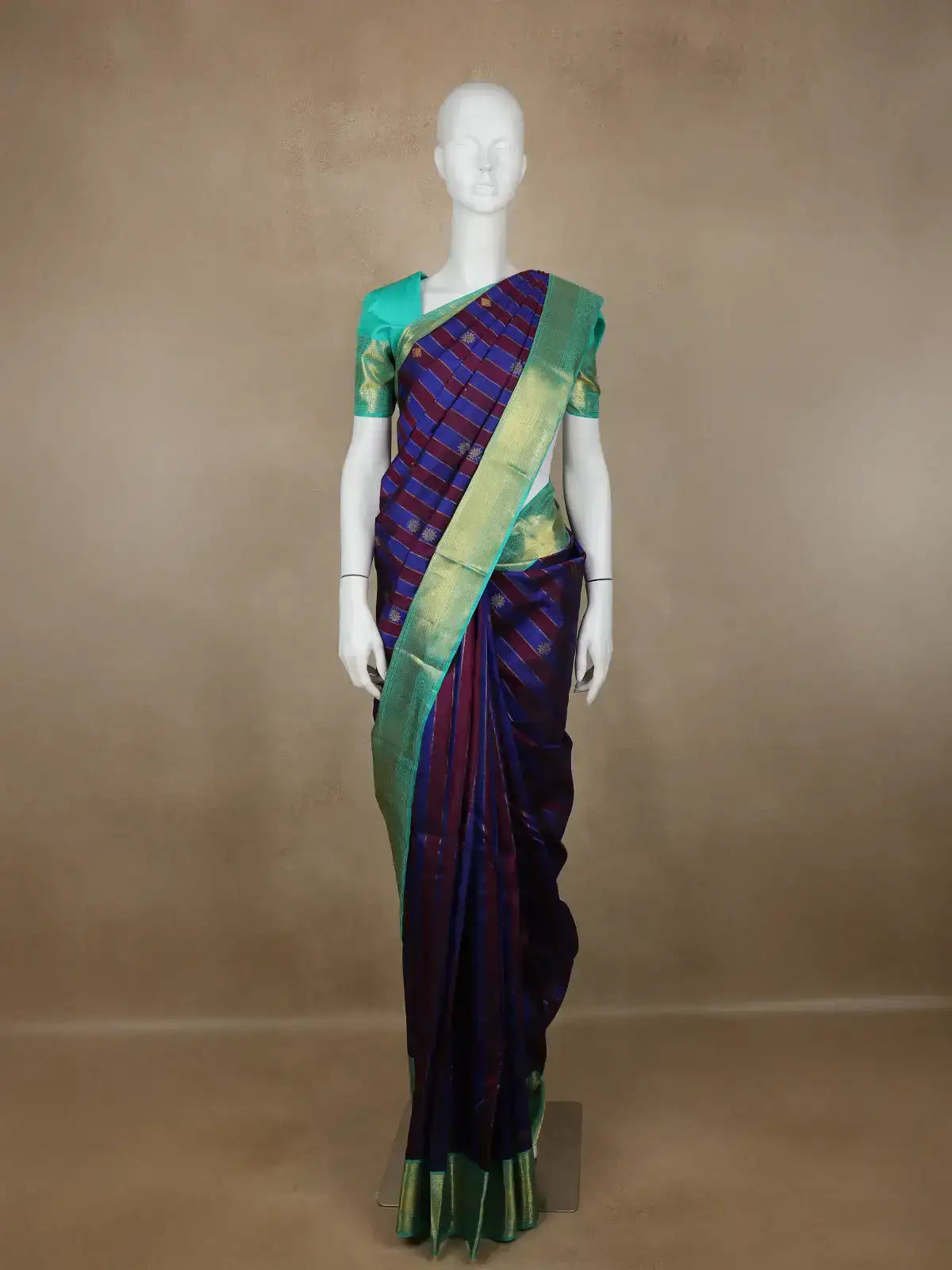 Blue Stripes And Floral Woven Pure Kanchipuram Silk Saree - Diadem