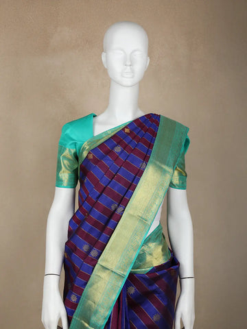 Blue Stripes And Floral Woven Pure Kanchipuram Silk Saree - Diadem