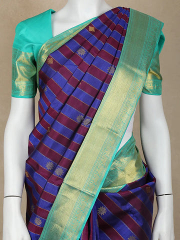 Blue Stripes And Floral Woven Pure Kanchipuram Silk Saree - Diadem