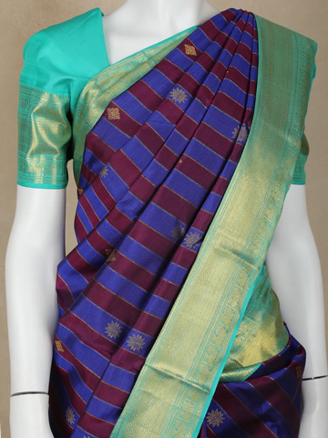 Blue Stripes And Floral Woven Pure Kanchipuram Silk Saree - Diadem