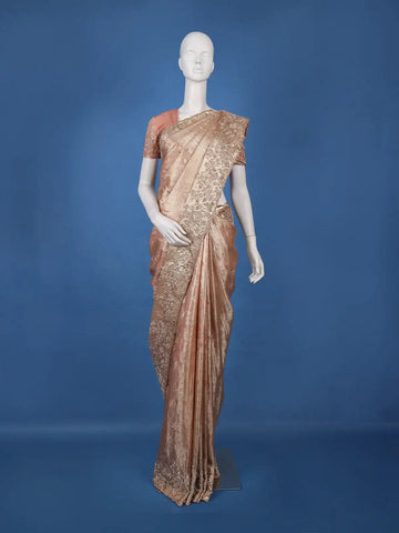 Blush Peach Sequence And Floral Embroidery Bridal Banarasi Silk Saree - Diadem