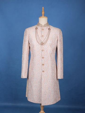 Blush Pink Floral Embroidered Cotton Sherwani - Diadem