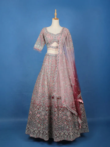 Blush Pink Floral Embroidered Net Lehenga for Brides - Diadem