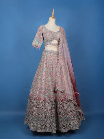 Blush Pink Floral Embroidered Net Lehenga for Brides - Diadem