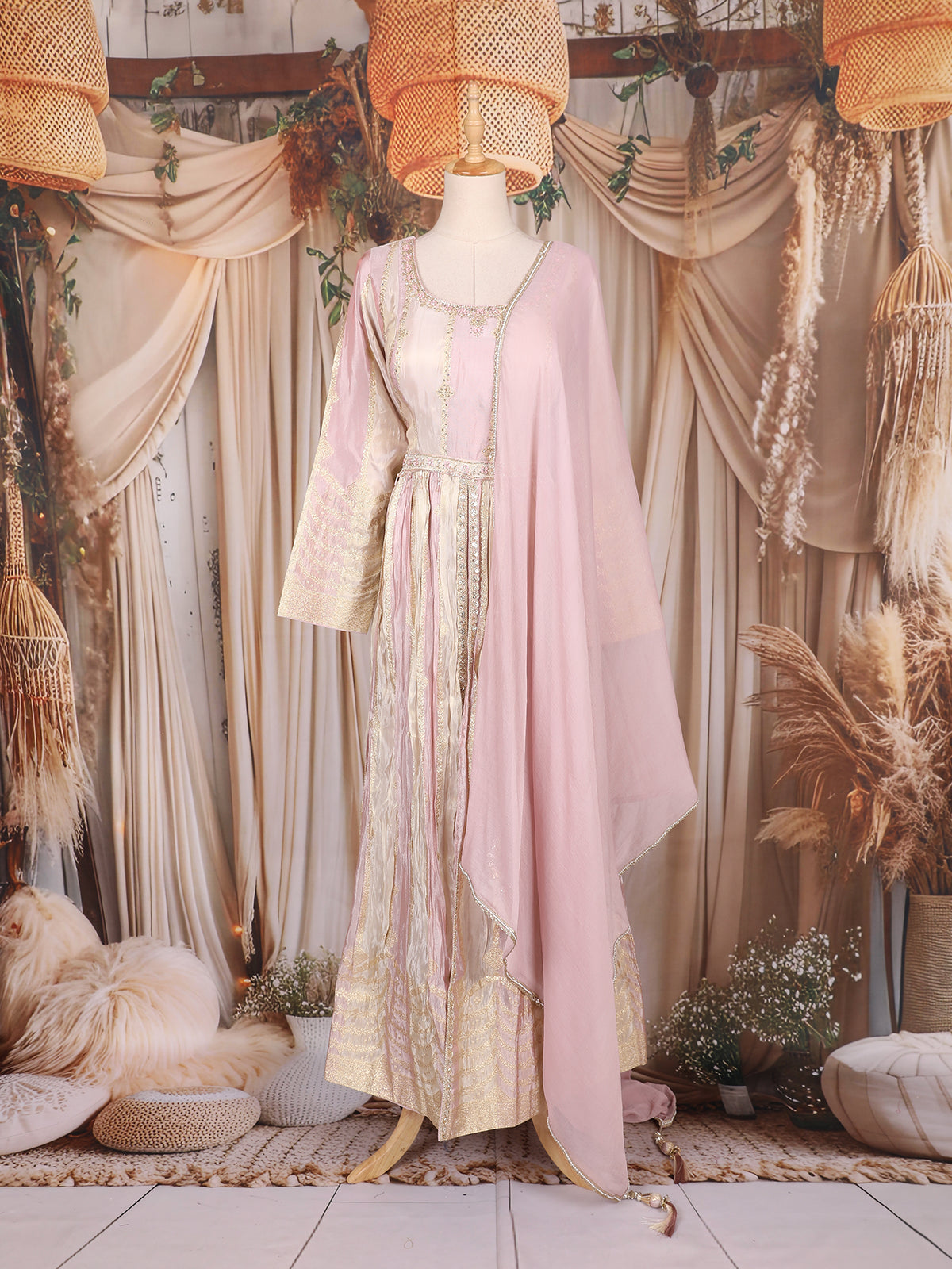 Blush Pink Floral Embroidered Tissue Silk Salwar Suit