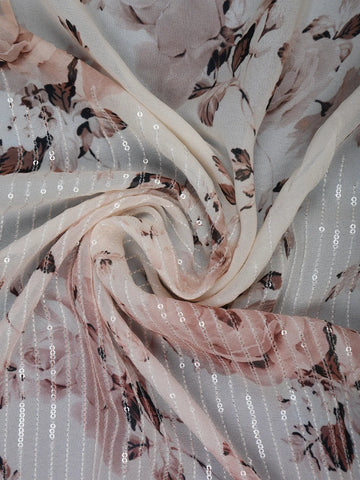 Blush Pink Floral Print Sequin Design Chiffon Saree - Diadem