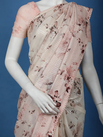 Blush Pink Floral Print Sequin Design Chiffon Saree - Diadem