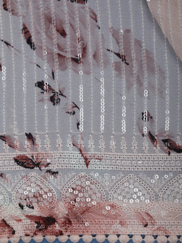 Blush Pink Floral Print Sequin Design Chiffon Saree - Diadem