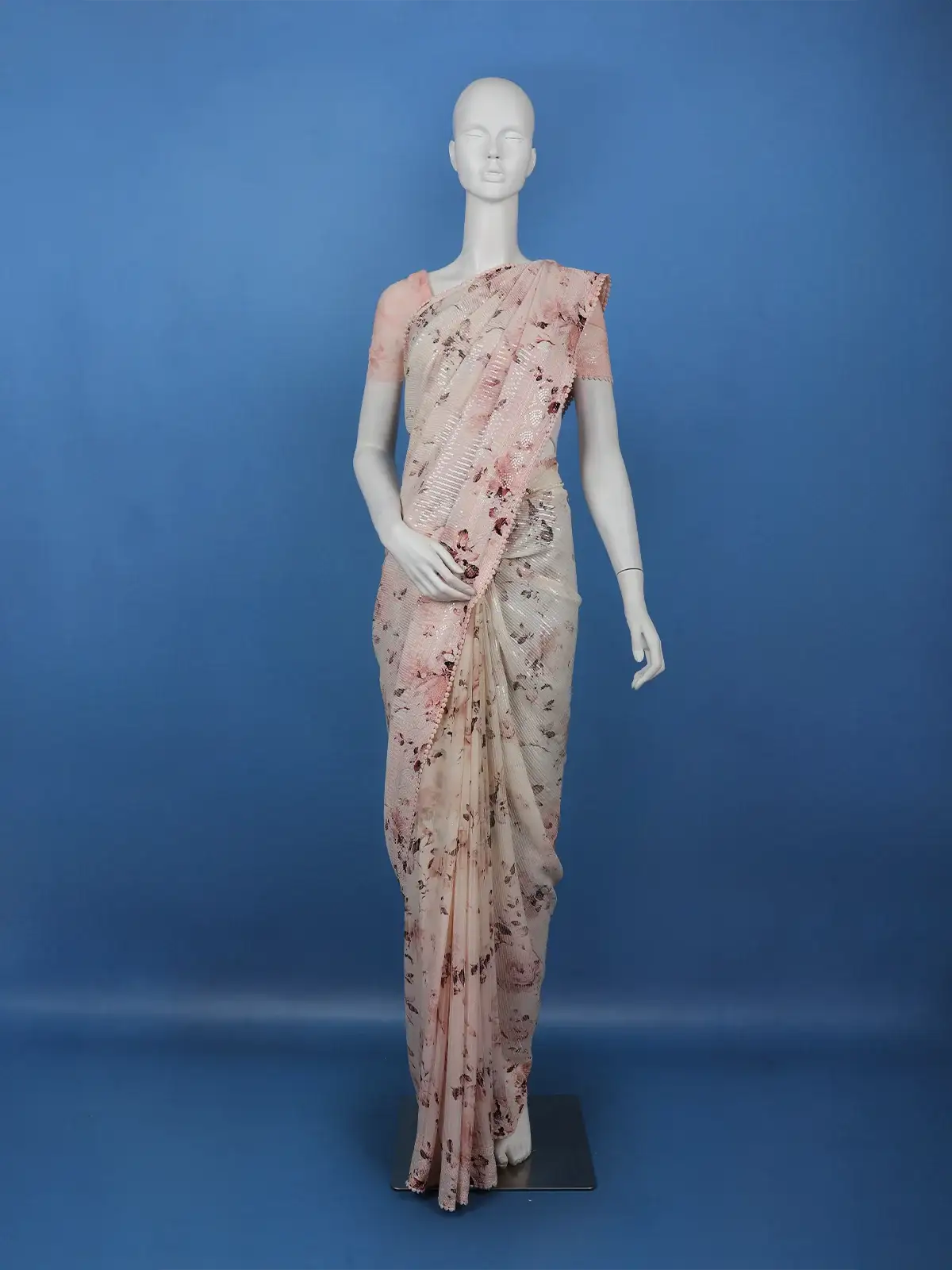 Blush Pink Floral Print Sequin Design Chiffon Saree - Diadem