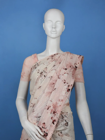 Blush Pink Floral Print Sequin Design Chiffon Saree - Diadem