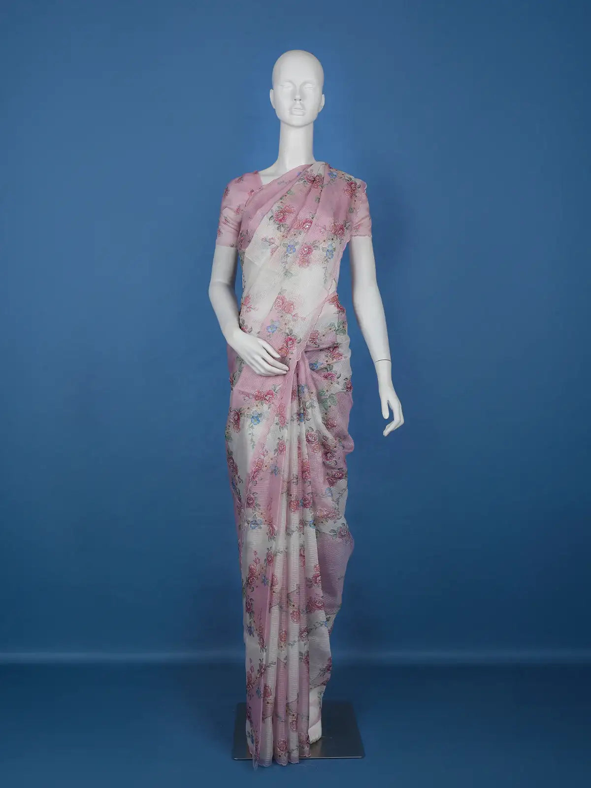 Blush Pink Floral Printed Kota Cotton Saree - Diadem