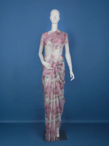 Blush Pink Floral Printed Kota Cotton Saree - Diadem