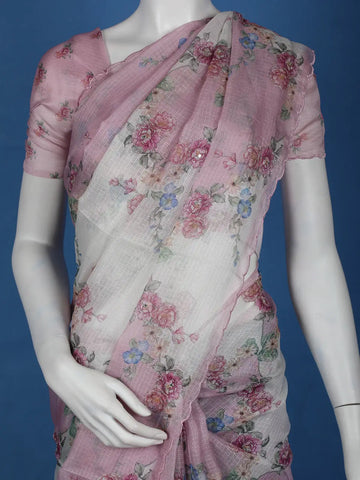 Blush Pink Floral Printed Kota Cotton Saree - Diadem