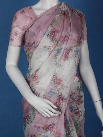 Blush Pink Floral Printed Kota Cotton Saree - Diadem
