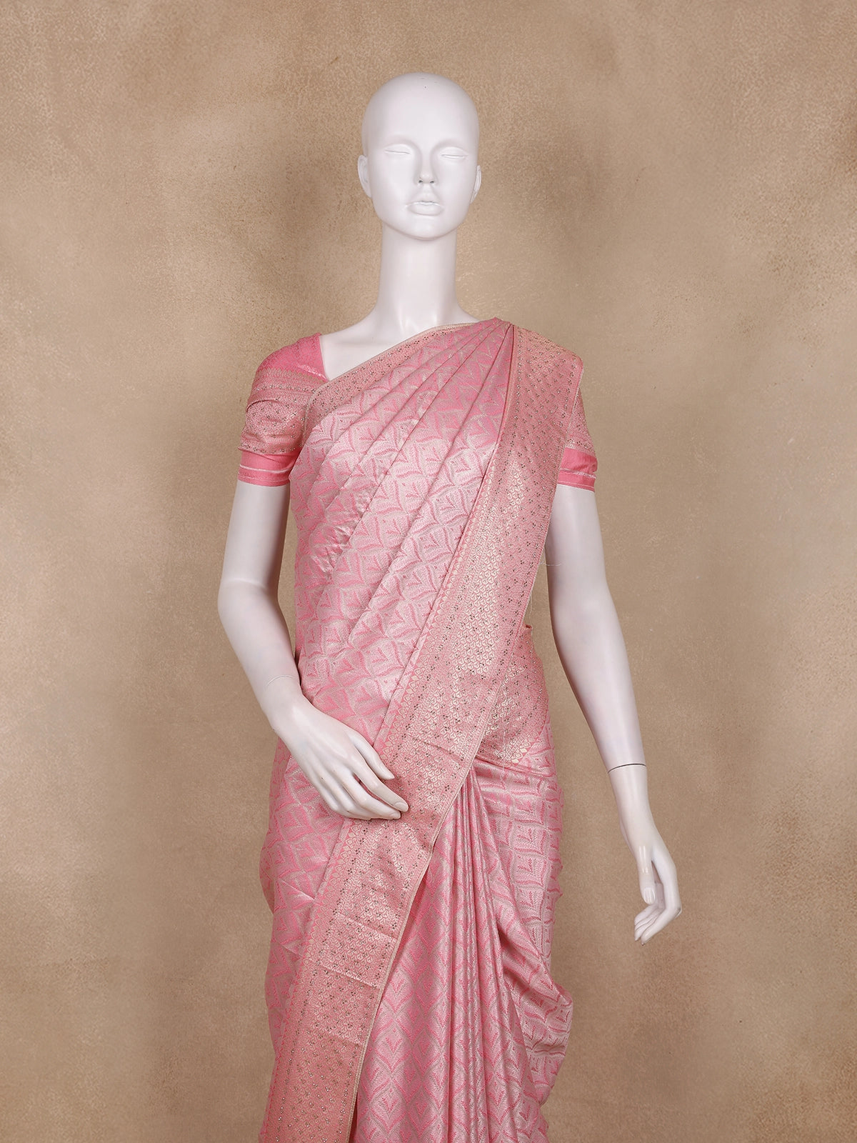 Blush Pink Leaf Motif Woven Banarasi Silk Saree With Sequin Embellished Border