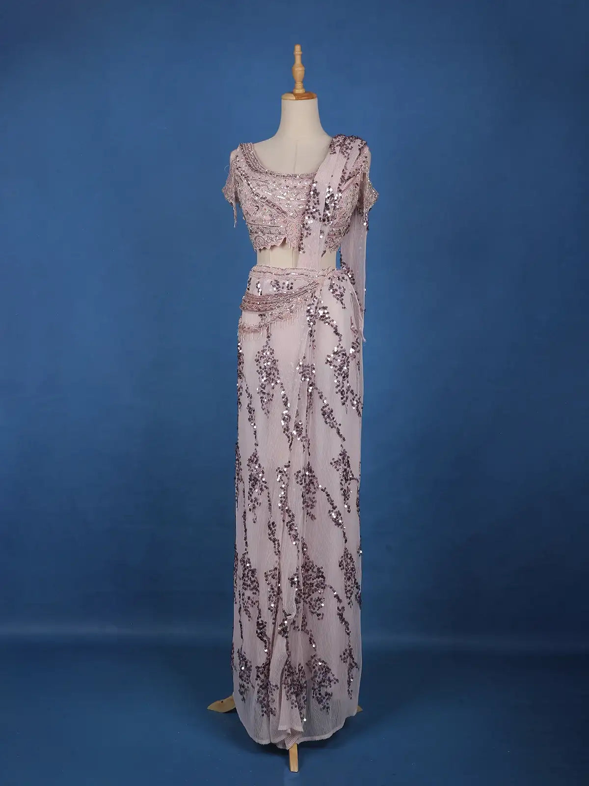Blush Pink Sequins Design Net Ready To Wear Saree With Designer Blouse - Diadem