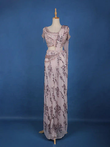 Blush Pink Sequins Design Net Ready To Wear Saree With Designer Blouse - Diadem