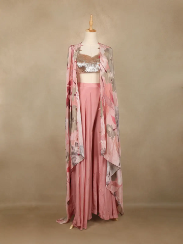 Blush Pink Floral Design Synthetic Palazzo Suit - Diadem