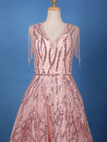 Blush Pink Sequin Embellished Net Gown with Beaded Tassel Sleeves - Diadem