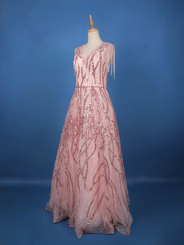 Blush Pink Sequin Embellished Net Gown with Beaded Tassel Sleeves - Diadem