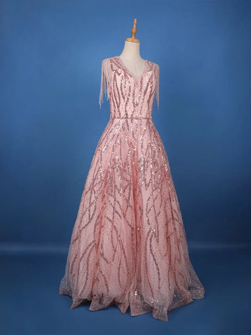 Blush Pink Sequin Embellished Net Gown with Beaded Tassel Sleeves - Diadem