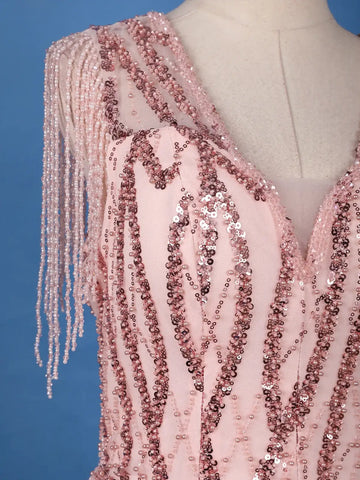 Blush Pink Sequin Embellished Net Gown with Beaded Tassel Sleeves - Diadem