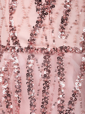 Blush Pink Sequin Embellished Net Gown with Beaded Tassel Sleeves - Diadem