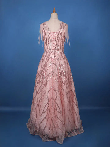 Blush Pink Sequin Embellished Net Gown with Beaded Tassel Sleeves - Diadem