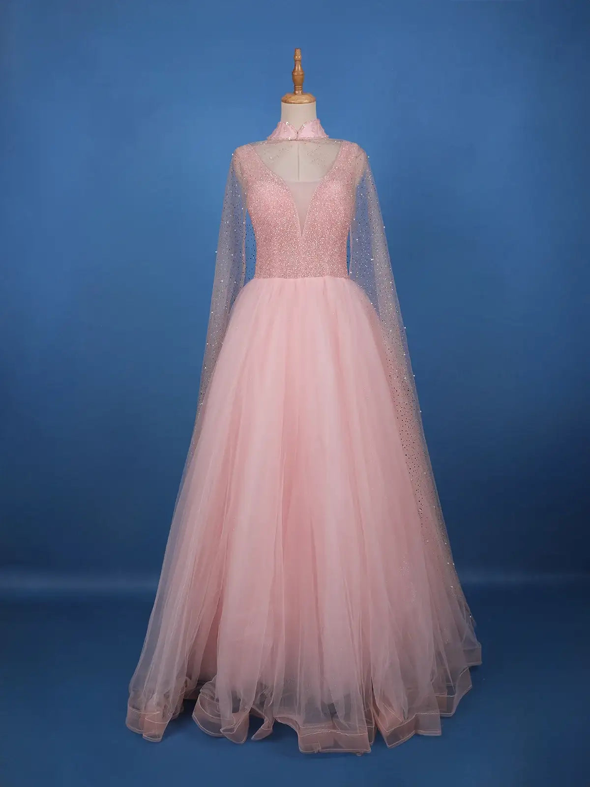 Blush Pink Sequins Designed Net Gown with Pearl Cape Sleeves - Diadem