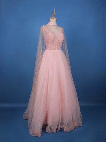 Blush Pink Sequins Designed Net Gown with Pearl Cape Sleeves - Diadem
