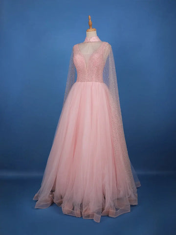 Blush Pink Sequins Designed Net Gown with Pearl Cape Sleeves - Diadem