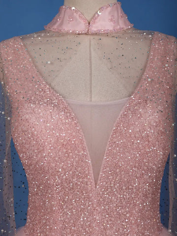 Blush Pink Sequins Designed Net Gown with Pearl Cape Sleeves - Diadem