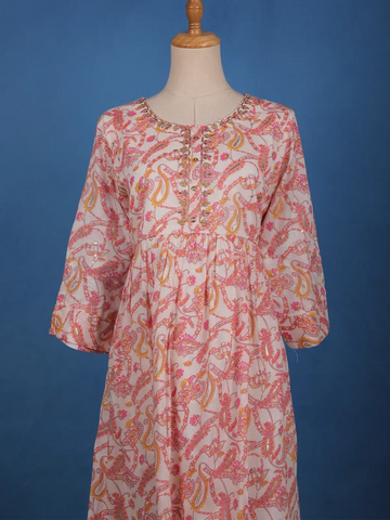 Blush Pink Paisley and Floral Printed Cotton Kurti - Diadem