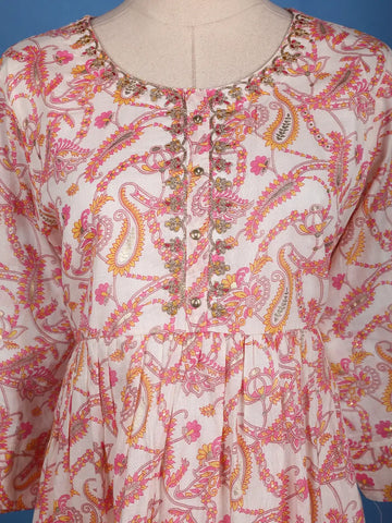 Blush Pink Paisley and Floral Printed Cotton Kurti - Diadem